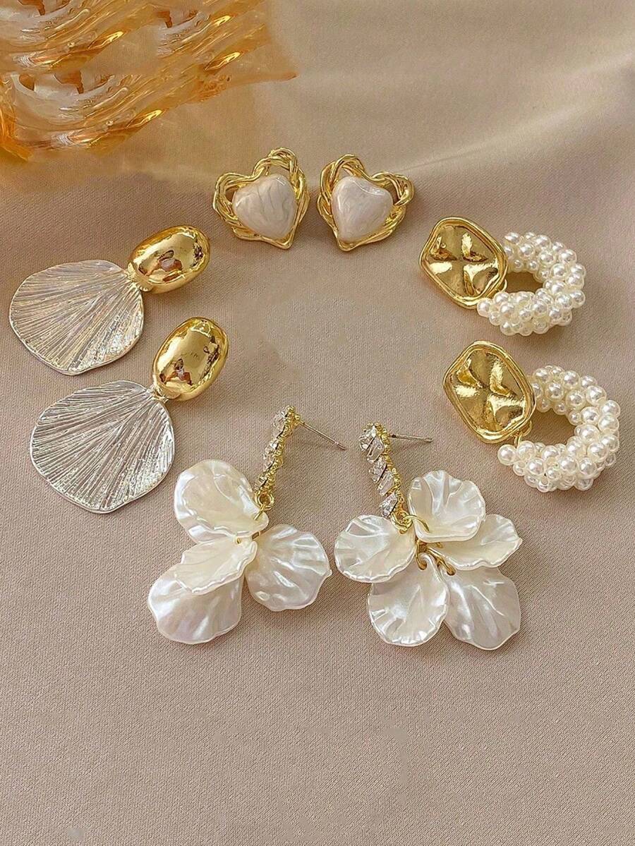 Bộ 4 đôi/bộ hoa tai sang trọng hình trái tim vỏ sò tròn cổ điển đơn giản thanh lịch, thích hợp cho trang phục hàng ngày và ngày lễ của phụ nữ - Nhiều màu - Xem 1