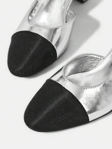 MOTF WOMEN SHOES NEW EUROPEAN AND AMERICAN STYLE SIDE AIR SPLICING ROUND TOE MEDIUM THICK HEEL SHOES, SILVER VERSATILE, COMFORTABLE, CASUAL, ELEGANT AND FASHIONABLE CLASSIC HIGH HEELS - Silver - View 4