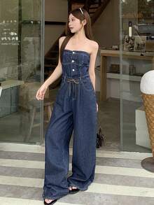 DAZY Bộ jumpsuit denim nữ màu trơn, không dây vai, kiểu dáng casual, có túi hai bên. - Rửa tối - Xem 8
