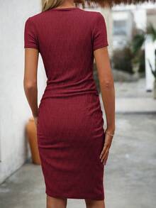 SHEIN LUNE Women's Summer Knit Jacquard Ruched Short Sleeve Bodycon Dress Workwear Burgundy Elegant - Burgundy - View 2