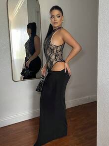 Dayanna Comas Váy ôm body gợi cảm không tay màu đen bất đối xứng khoét sâu ren vá mùa thu/đông, váy dài thanh lịch dành cho nữ - màu đen - Xem 4