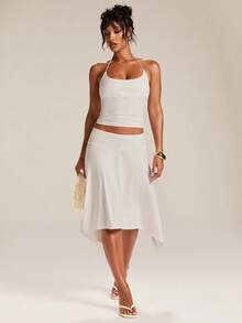 SHEIN BAE Chân váy nữ thanh lịch màu trơn phối ren, cạp thấp, thích hợp cho mùa hè. - trắng - Xem 7