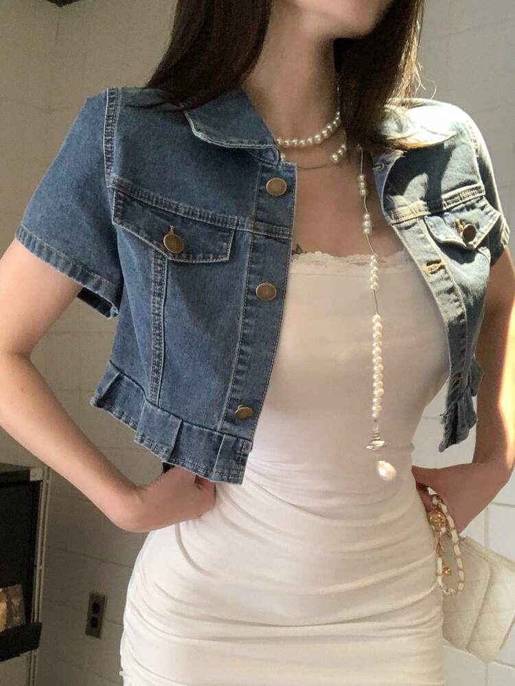 Women's Casual Denim Shirt, Washed Blue, Short Sleeve, Street Style, Suitable For Spring And Summer
