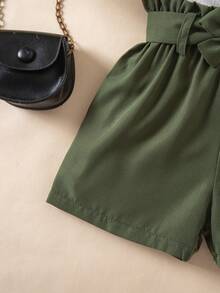 Elladie kids 少女條紋不對稱領口上衣和紙袋腰帶短褲 - 彩色 - 查看 4