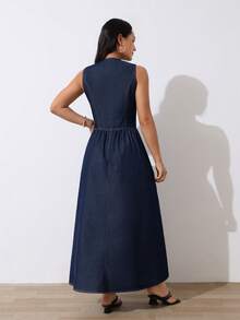 SHEIN Tall Đầm denim không tay cổ chữ V sâu gợi cảm dành cho nữ, thắt dây. - Rửa tối - Xem 12