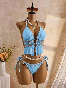 Bellisia Bộ đồ bơi tankini buộc cổ yếm họa tiết vỏ sò, thích hợp cho kỳ nghỉ biển mùa xuân/hè 26SS. - Màu xanh lam - Xem 3