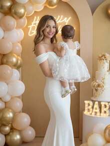 SHEIN Glamorique Kids Baby Girl Flower Bridesmaid Dress, Wedding, Flower Girl ,Elegant,Birthday Party,Lace Dress,Baby Girl Summer Dress ,Birthday Photo Clothing,Birthday Party, White Flower Girl Dresses Baby Girl Dresses For Party Baby Princess Dress Birthday Dress For Girls Baby Dress Wedding - White - View 9