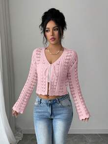 Selianne Áo khoác cardigan nữ thanh lịch, ôm sát, khoét lỗ, thắt nơ, phong cách boho, tay loe, thích hợp cho kỳ nghỉ xuân/hè. - Hồng - Xem 4