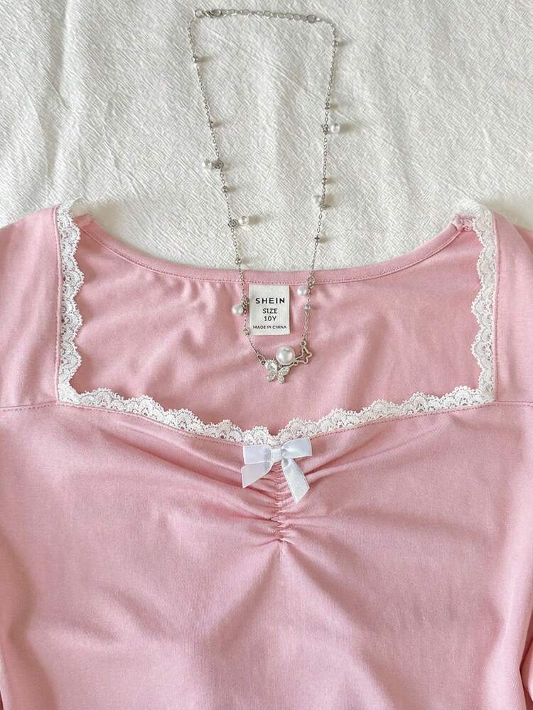 SHEIN Teen Girls' White Knit Casual Minimalist 3D Sequins Embroidered Bowknot Asymmetric Ruched Cropped Top, Suitable For Spring/Summer, Casual, Personalized Styling, Daily Wear - Pink - View 3