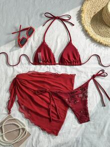 Costavie Bộ bikini 3 món họa tiết hoa đính sequin, kiểu cổ yếm, quần buộc dây bên hông và váy sarong lưới gợi cảm dành cho nữ. - Màu Đỏ Sâu - Xem 9