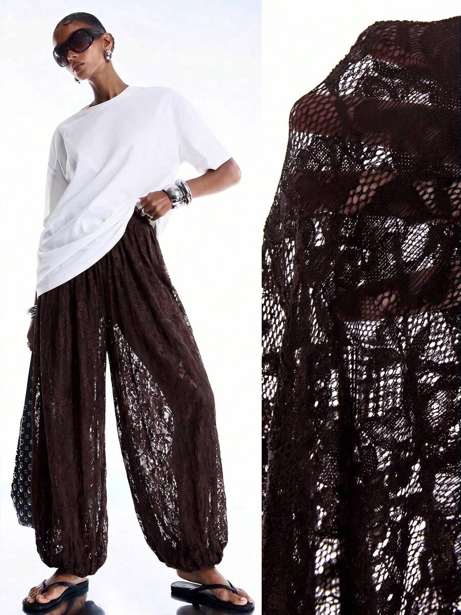 LYSMO 2026 New Minimalist Spring/Summer Women's Elastic Waist Lace Loose Lantern Pants, Coffee Brown - Coffee Brown - View 1
