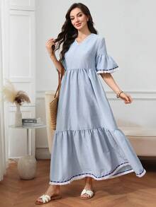 SHEIN Najma Đầm thời trang mùa hè dành cho nữ, cổ chữ V, họa tiết sọc, kiểu Ả Rập. - Màu xanh lam - Xem 3