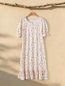 Vestido casual de manga corta de longitud media con cuello redondo y estampado total para mujer - Beis - Ver 9