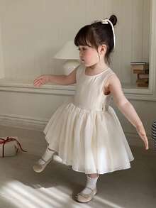 Đầm satin không tay cổ tròn kiểu Hàn Quốc thắt nơ cho bé gái sơ sinh/trẻ nhỏ - Màu be - Xem 4