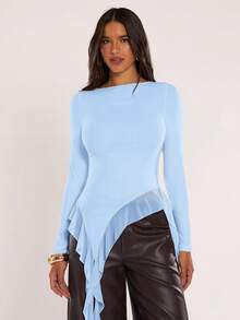 SHEIN BAE Women's Solid Color Minimalist Ruffle Hem Long Sleeve Top, Casual Everyday Wear,Summer Top - Baby Blue - View 8