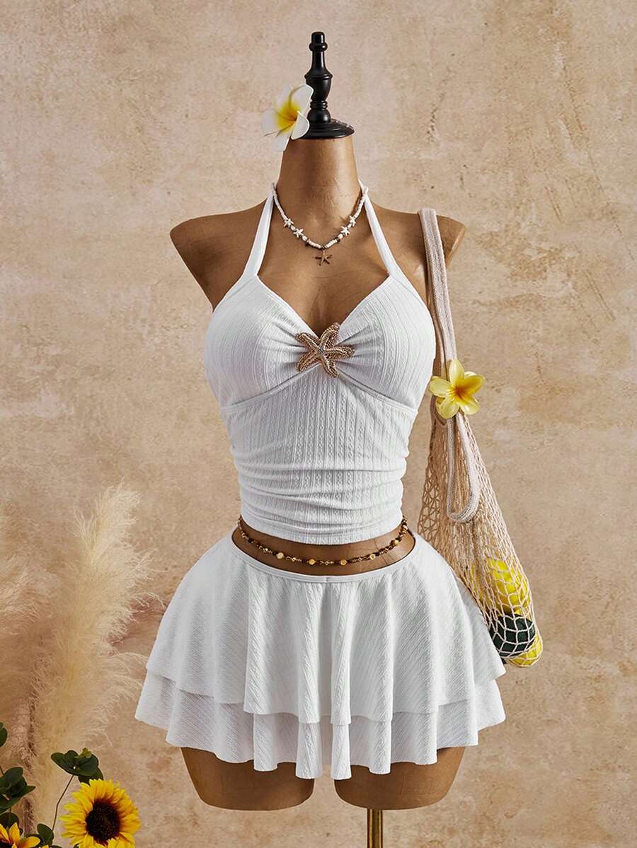 Bellisia Hàng mới về: Bộ đồ bơi liền thân màu trắng gợi cảm với họa tiết sao biển, 2 mảnh cao cấp dành cho nữ, thích hợp cho kỳ nghỉ. - trắng - Xem 1