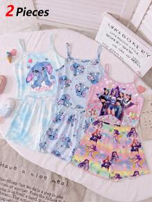 Sommar Cool Mode K-Pop Tjejgrupp Grafiskt Tryck Linne Och Shorts Stickat Tyg Mjukt Pyjamasset, Lämpligt För Hemma, Utflykter Och Mångsidigt Bruk - Multifärgad - Visa 2