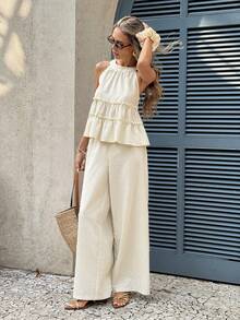 SHEIN Tall CURVE Bộ đồ ngủ 2 mảnh cỡ lớn dành cho nữ - Áo không tay viền bèo nhún và quần ống rộng mùa hè, màu trơn, áo xếp ly hở lưng và quần ống rộng, bộ 2 mảnh thoải mái, thích hợp cho mùa hè, mùa xuân, kỳ nghỉ, tiệc tùng, bãi biển, đám cưới, lễ tốt nghiệp, dã ngoại, khiêu vũ, sinh nhật, trang trọng, du lịch, thường ngày và các dịp trang trọng. - Màu be - Xem 7