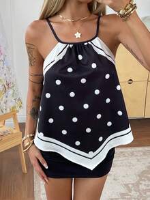 Livesso Polka Dot Print Contrast Color Patchwork Black Camisole, Suitable For Music Festival, Valentine's Day, Wedding, Casual, Beach, Summer - Black - View 8