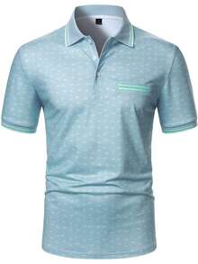 Calvornis Men's Casual All-Over Print Quarter Button Formal Polo Shirt, Ceremony - Baby Blue - View 4
