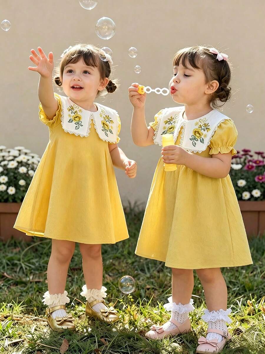 Elladie kids 2026新款女童夏季柔软舒适面料时尚连衣裙,度假旅行必备,舒适休闲质感面料,翻领花卉刺绣A字百搭短袖连衣裙,适合春夏日常穿着、居家、外出、旅行、上学等场合。 - 黃色 - 查看 1