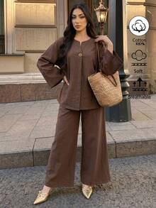 Elenzga 女款棕色調棉麻兩件套，夏季休閒居家服，波希米亞風度假辦公穿搭，七分袖上衣與長褲套裝 - 棕色 - 查看 4