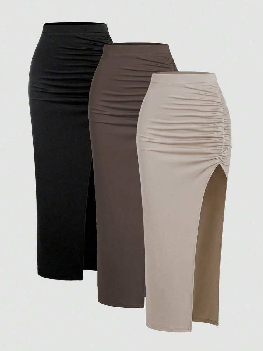 Sweetra Women's Summer Casual Ruched High Slit Bodycon Skirt Y2K Outfit  Maxi Women Outfit - Multicolor - View 1