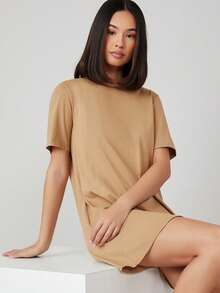 SHEIN BASICS Robe T-shirt décontractée à manches courtes et col rond de couleur unie pour femmes, robes d'été pour femmes - Kaki - Voir 4