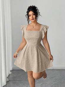 Elenzga Plus Size Summer Jacquard Square Collar Ruffle Hem Elegant Dress Beige Linen - Khaki - View 9