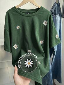 SHEIN EZwear 绿色加大码女式圆领落肩短袖雏菊夏季T恤 - 綠色 - 查看 1