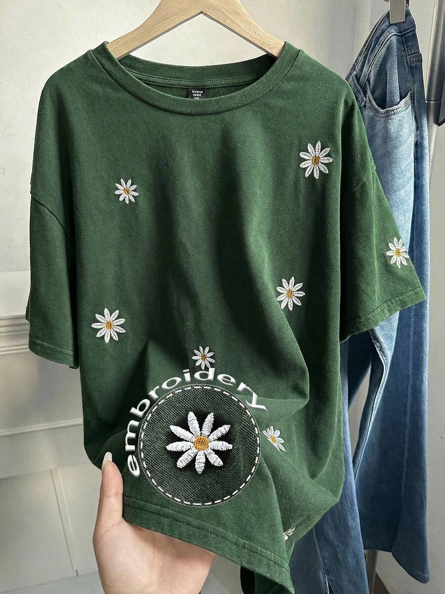 SHEIN EZwear 绿色加大码女式圆领落肩短袖雏菊夏季T恤 - 綠色 - 查看 1