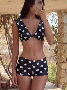 Bonvoyette Bộ đồ bơi 2 mảnh dành cho nữ, áo trễ vai hở lưng in chấm bi và quần short, đồ bơi thời trang thường ngày cho kỳ nghỉ biển. - Đen và trắng - Xem 7