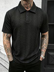 Manfinity CasualCool 男士拼色 Polo 衫，復古幾何提花休閒上衣，正式款 - 黑色 - 查看 5