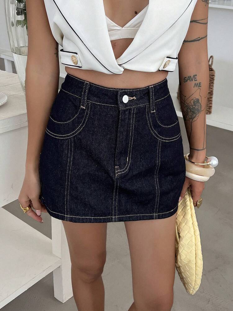 Women's Casual Washed Denim Mini Skirt With Topstitching Decor Summer