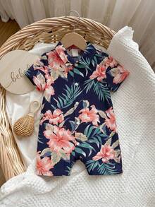 SHEIN Baby Boy Tropical Print Shirt Romper,Kids - Navy Blue - View 1