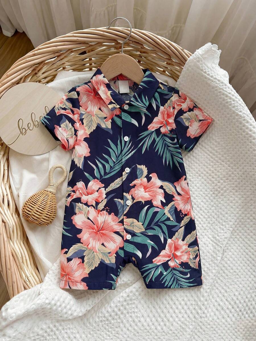SHEIN Baby Boy Tropical Print Shirt Romper,Kids - Navy Blue - View 1