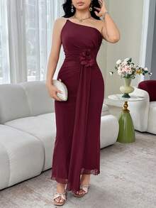 Feyla Women's Summer Solid Color 3D Floral Asymmetric Neckline Tube Dress - Burgundy - View 7