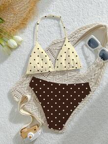 SHEIN Conjunto de traje de baño de 2 piezas para adolescentes, top halter ajustable y Bottom triangular de tela de punto con estampado floral aleatorio casual y lindo, adecuado para fiestas de playa, piscina y vacaciones de verano de chicas adolescentes - Multicolor - Ver 2