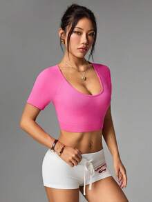SHEIN Core Rhythm 女士简约纯色交叉露背无袖短款运动T恤，夏季 - 粉色 - 查看 5