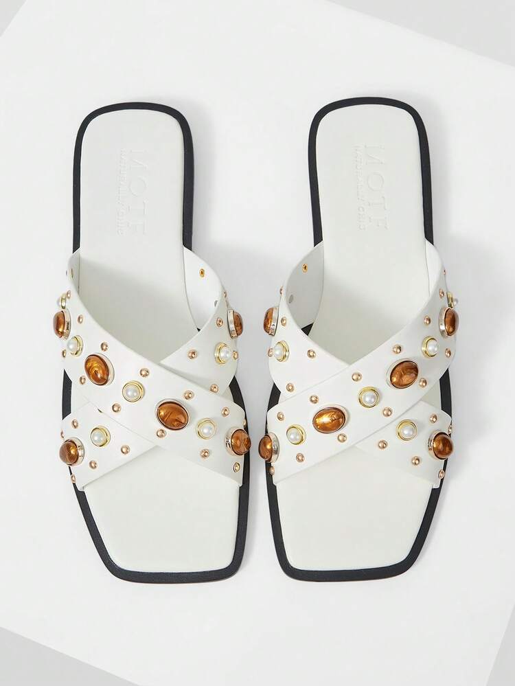 SPRING AND SUMMER NEW OUTDOOR WOMEN'S FLAT BOTTOM SQUARE HEAD RHINESTONE SIMPLE SLIPPERS WOMEN'S THICK BOTTOM NON-SLIP OPEN-TOED CASUAL VERSATILE BEACH COOL SLIPPERS