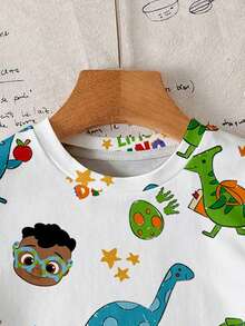 CoComelon X SHEIN Baby Boy Casual Cute Dinosaur Print Round Neck Short Sleeve Top, Summer - White - View 3