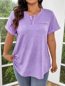 EMERY ROSE Plus Size Solid Color Half Button Front Cuffed Sleeve T-Shirt Henley Shirtpink Tshirtpink T Shirtpink Top Women - Mauve Purple - View 3