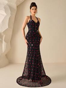 女士亮片装饰修身优雅派对连衣裙 - 黑色 - 查看 4