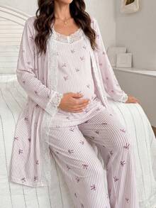 Moonlight&Mama Conjunto de pijama de maternidad con lazo a rayas y encaje en contraste, 3 piezas - Multicolor - Ver 3