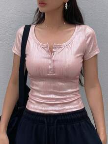 DAZY 女士半拉链纯色圆领短袖T恤，夏季 - 粉色 - 查看 6