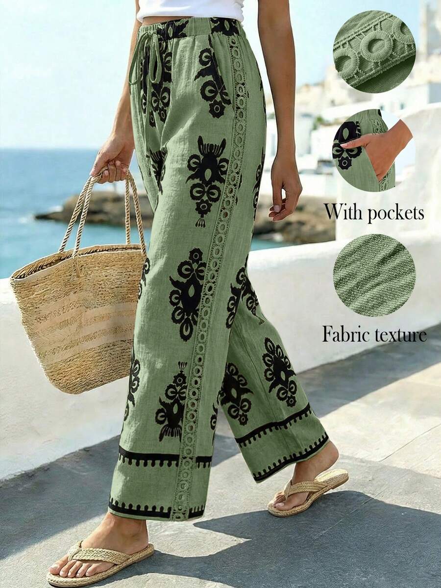 Louniche 女士简约几何印花蕾丝边直筒裤,适合早春假期穿 - 獵人綠 - 查看 1