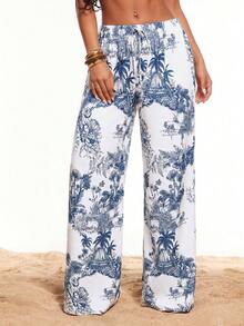 Radiana Plus Size Women's Casual Boho Elegant Loose Straight Leg Pants With Light Blue Floral Print, Summer All-Season Beach Vacation Holiday Wear - Blue and White - View 6