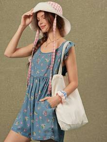 WESTFADE Áo liền quần ngắn nữ cổ tròn tay bèo in hoa chất liệu chambray - Rửa nhẹ - Xem 3