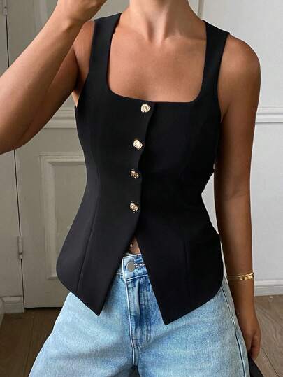 DAZY Chaleco de verano elegante con cuello cuadrado y cintura ajustada de unicolor para vacaciones