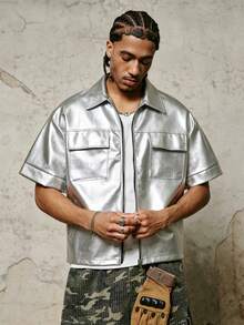 PAVTROS Men's PU Loose Short Sleeve Zip-Up Shirt - Silver - View 3